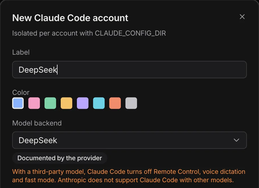 New Claude Code account dialog with DeepSeek as the model backend
