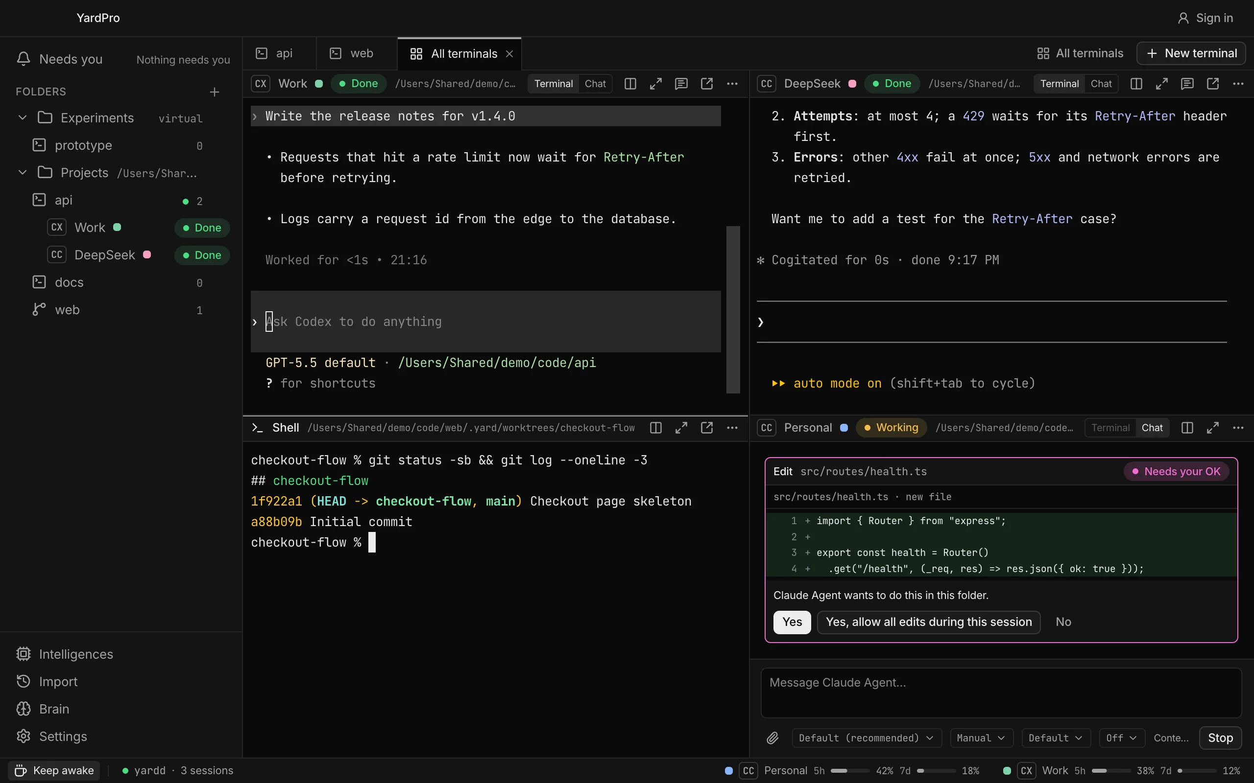 All terminals view: Codex and Claude Code in terminals, a shell on a git worktree and a chat waiting for approval