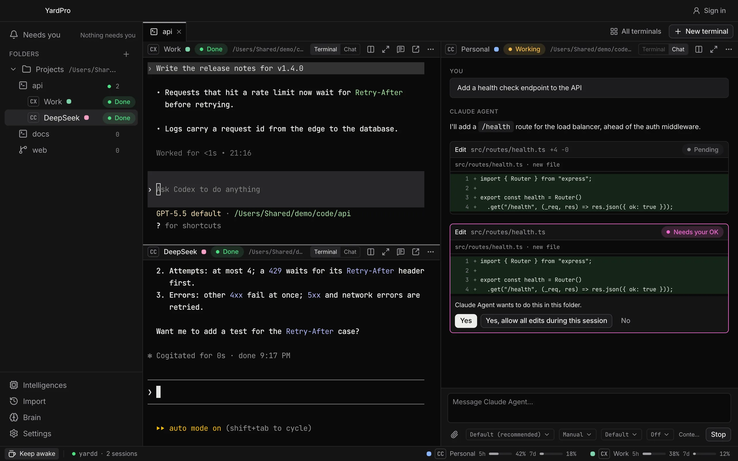 YardPro with Codex and Claude Code on DeepSeek in terminals, Claude Code in the chat view asking to approve an edit, the folder tree on the left and usage bars in the status bar